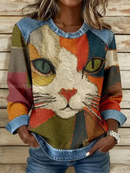 Women’s Art Geometric Cat Print Tops