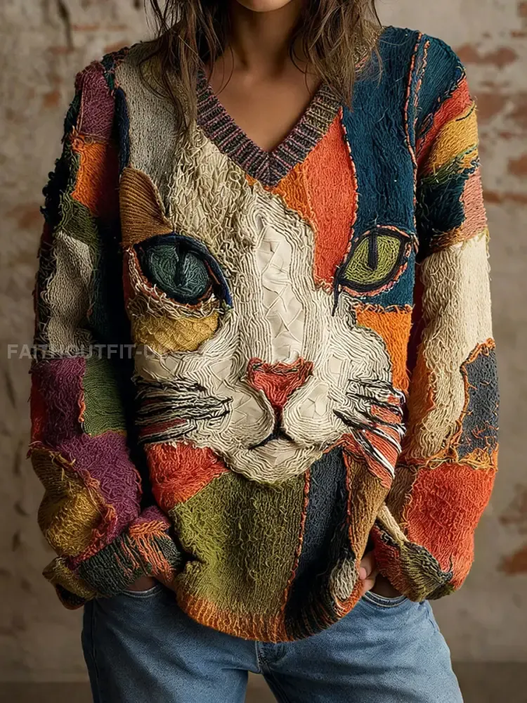 Women’s Cat Geometric Art Print V-Neck Tops