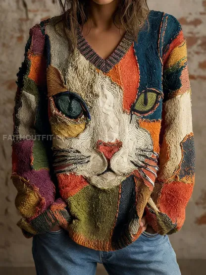 Women’s Cat Geometric Art Print V-Neck Tops