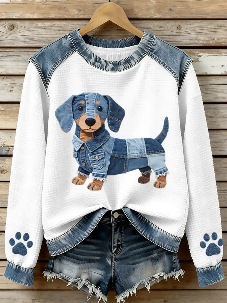 Women’s Lovely Dachshund Pattern Denim Patchwork Waffle Sweatshirt