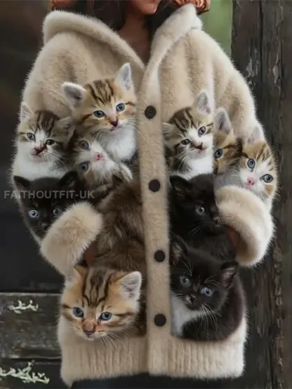 Women’s Animal Cat Print Flannel Warm Jacket