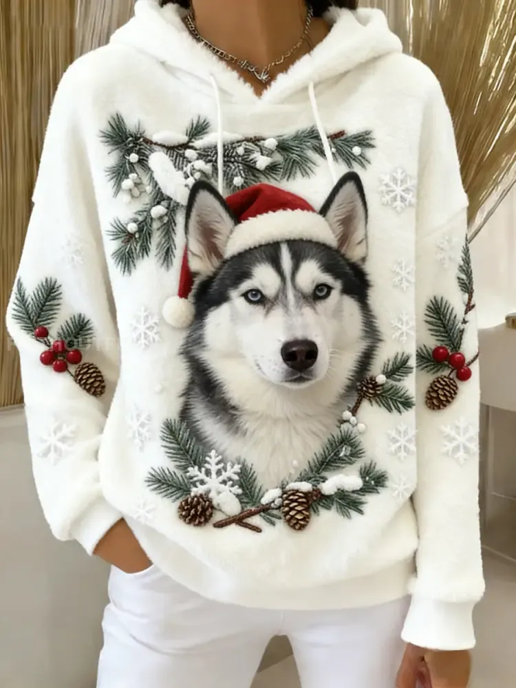 Women’s Retro Animal Art Print Comfortable Flannel Hooded Sweatshirt