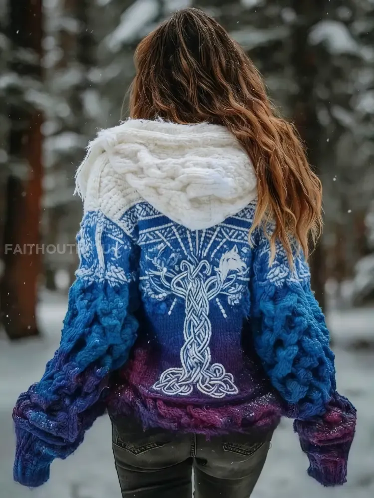 Women’s Retro Viking Celtic Knot Tree of Life Gradient Comfortable Knitted Hooded Cardigan