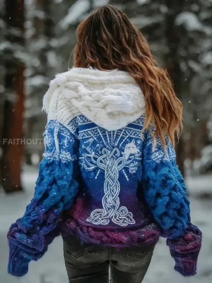 Women’s Retro Viking Celtic Knot Tree of Life Gradient Comfortable Knitted Hooded Cardigan