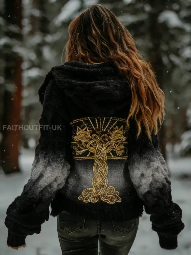 Women’s Retro Viking Celtic Knot Tree of Life Wolf Gradient Comfortable Knitted Hooded Cardigan