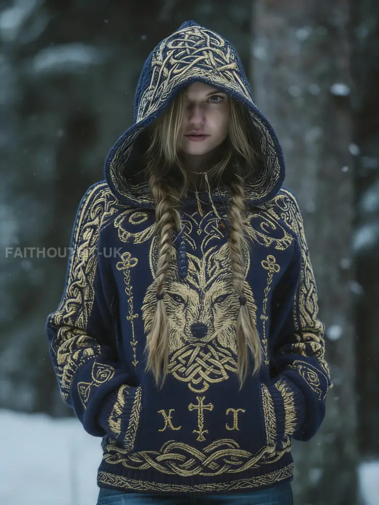 Women’s Retro Viking Celtic Knot Tree of Life Wolf Comfortable Printed Hooded Sweater