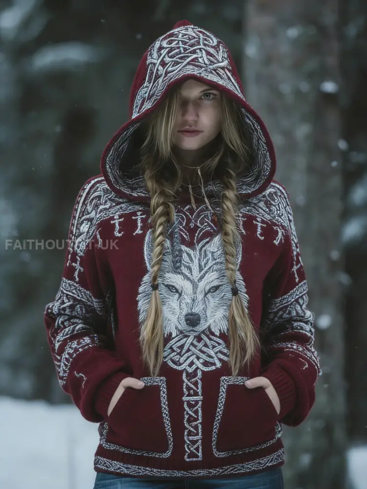 Women’s Retro Viking Celtic Knot Tree of Life Wolf Comfortable Printed Hooded Sweater