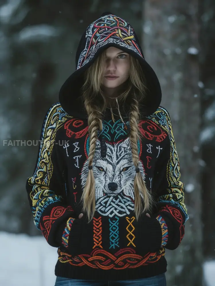 Women’s Retro Viking Celtic Knot Tree of Life Wolf Comfortable Printed Hooded Sweater