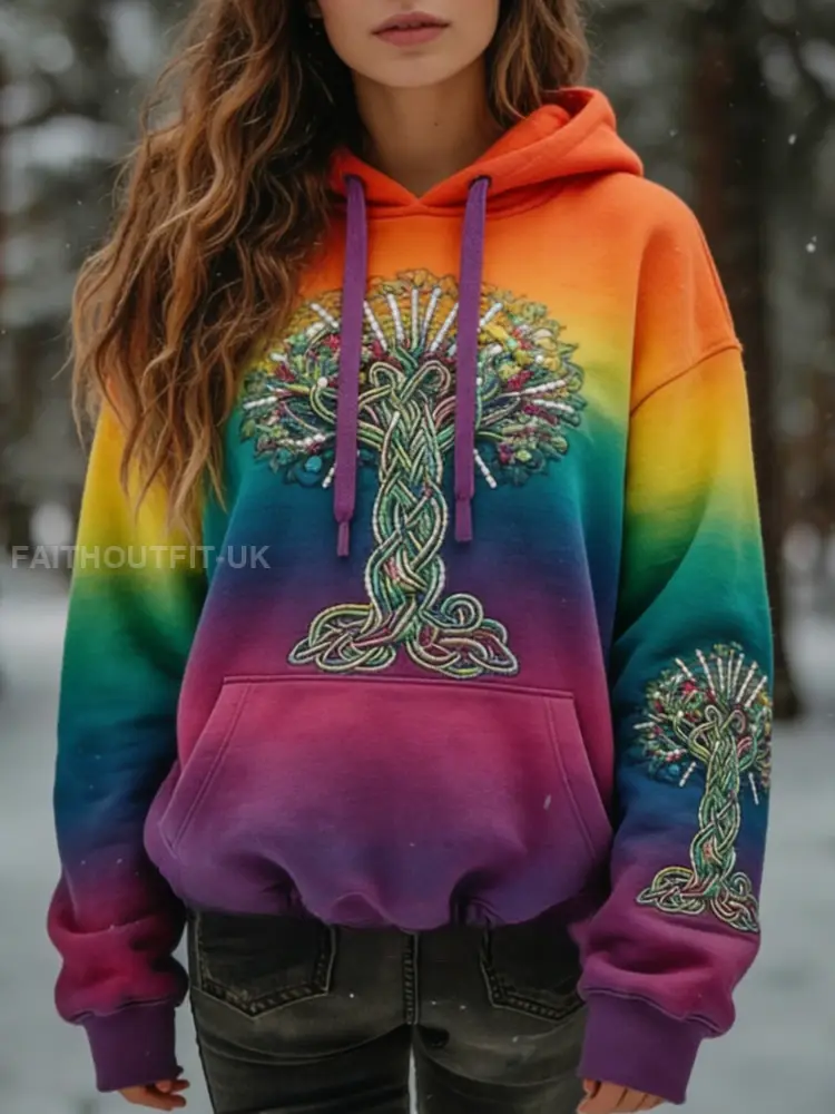 Retro Viking Celtic Knot Tree of Life Wolf Gradient Printed Hooded Sweatshirt