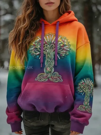 Retro Viking Celtic Knot Tree of Life Wolf Gradient Printed Hooded Sweatshirt