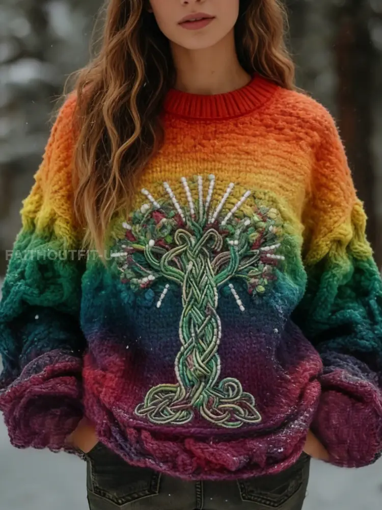 Women’s Retro Viking Celtic Knot Tree of Life Gradient Comfortable Printed Sweater