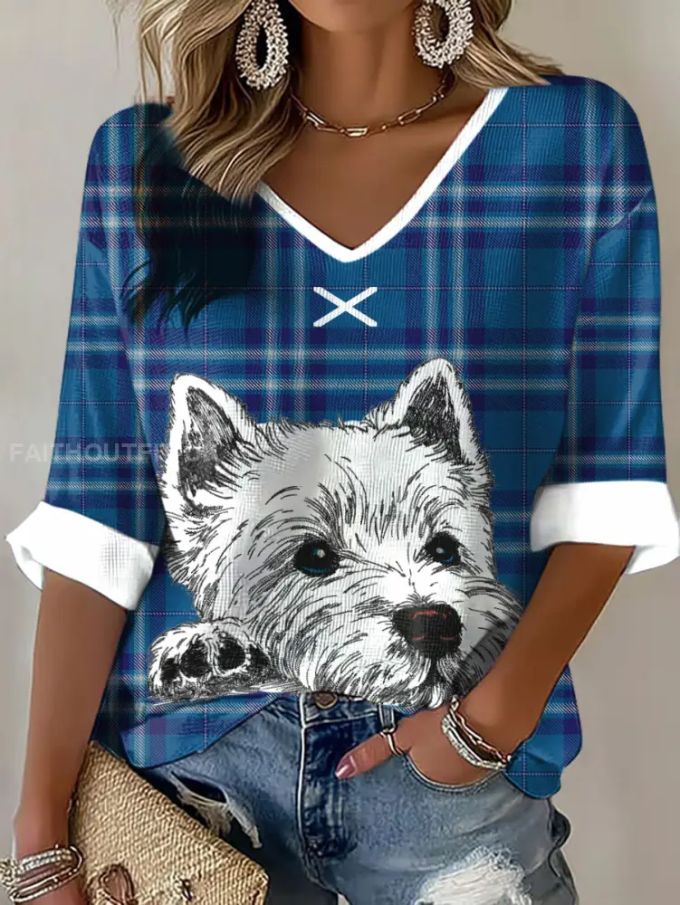 Women’s Scotland Scottie Dog Football Tartan Lover Printed Waffle Tops