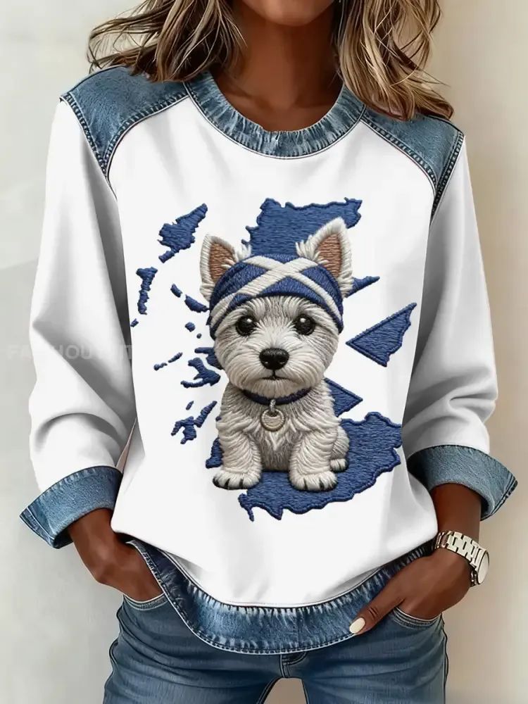 Women’s Scottish West Highland White Terrier Print Denim Patchwork Top