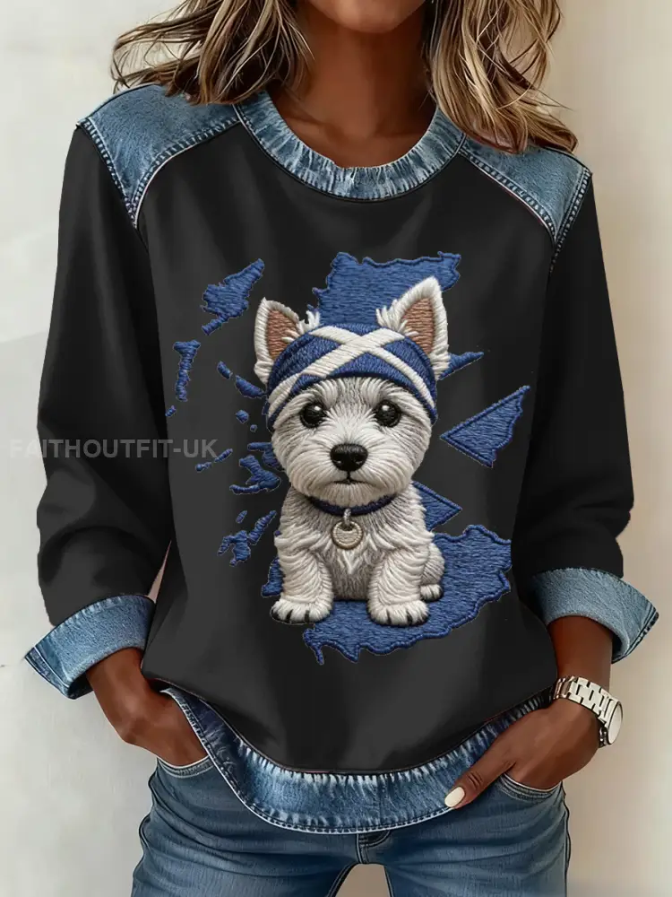 Women’s Scottish West Highland White Terrier Print Denim Patchwork Top