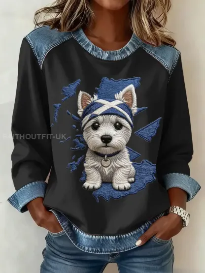 Women’s Scottish West Highland White Terrier Print Denim Patchwork Top