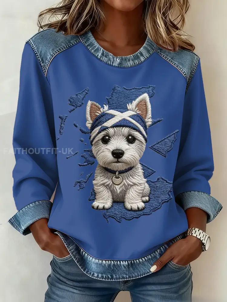 Women’s Scottish West Highland White Terrier Print Denim Patchwork Top