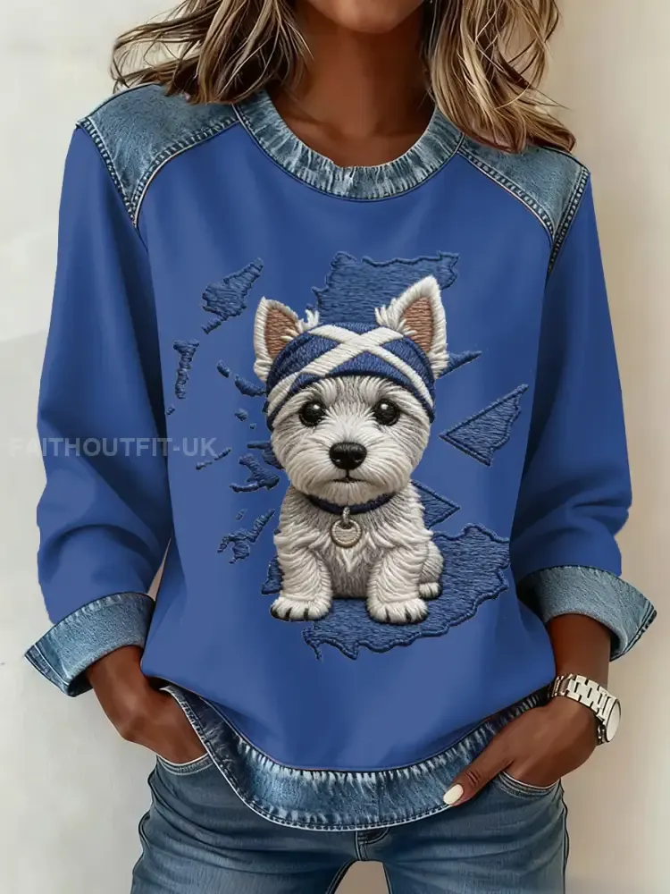 Women’s Scottish West Highland White Terrier Print Denim Patchwork Top