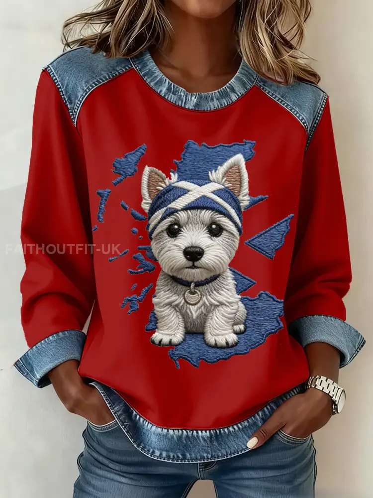 Women’s Scottish West Highland White Terrier Print Denim Patchwork Top