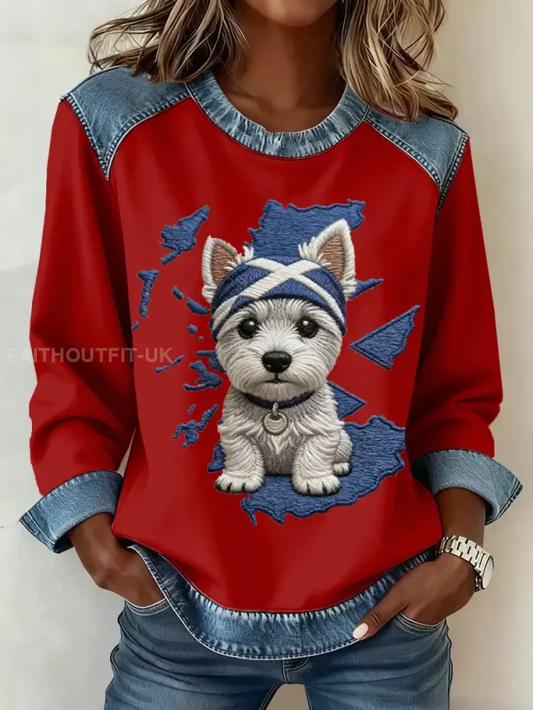 Women’s Scottish West Highland White Terrier Print Denim Patchwork Top