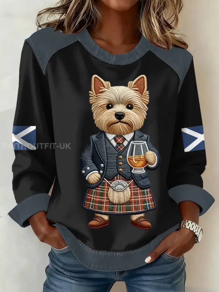 Women’s Scottish Flag West Highland White Terrier Print Patchwork Top