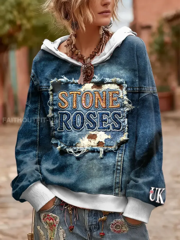 Women’s British The Stone Rose Imitation Denim Patchwork Hooded Sweatshirt