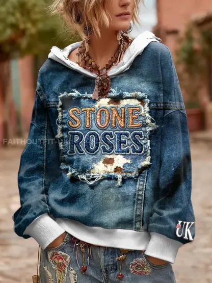 Women’s British The Stone Rose Imitation Denim Patchwork Hooded Sweatshirt