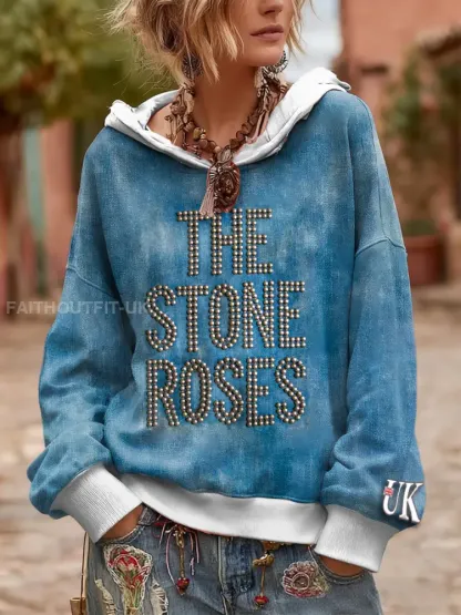 Women’s British The Stone Rose Imitation Denim Print Hooded Sweatshirt