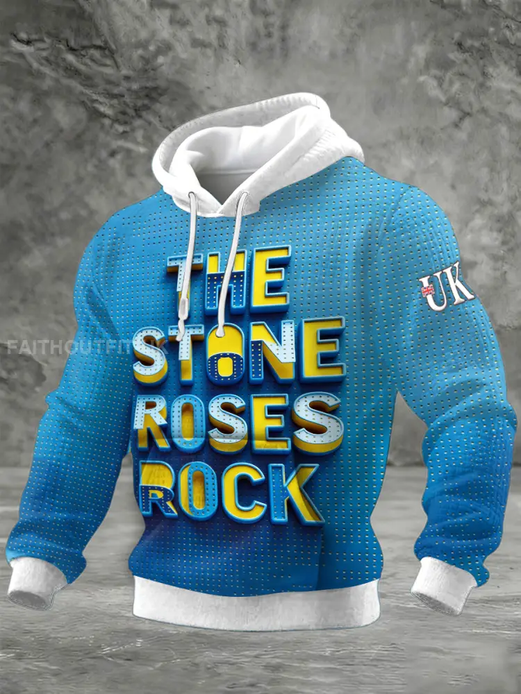 Men’s British The Stone Rose Print Blue Hooded Sweatshirt