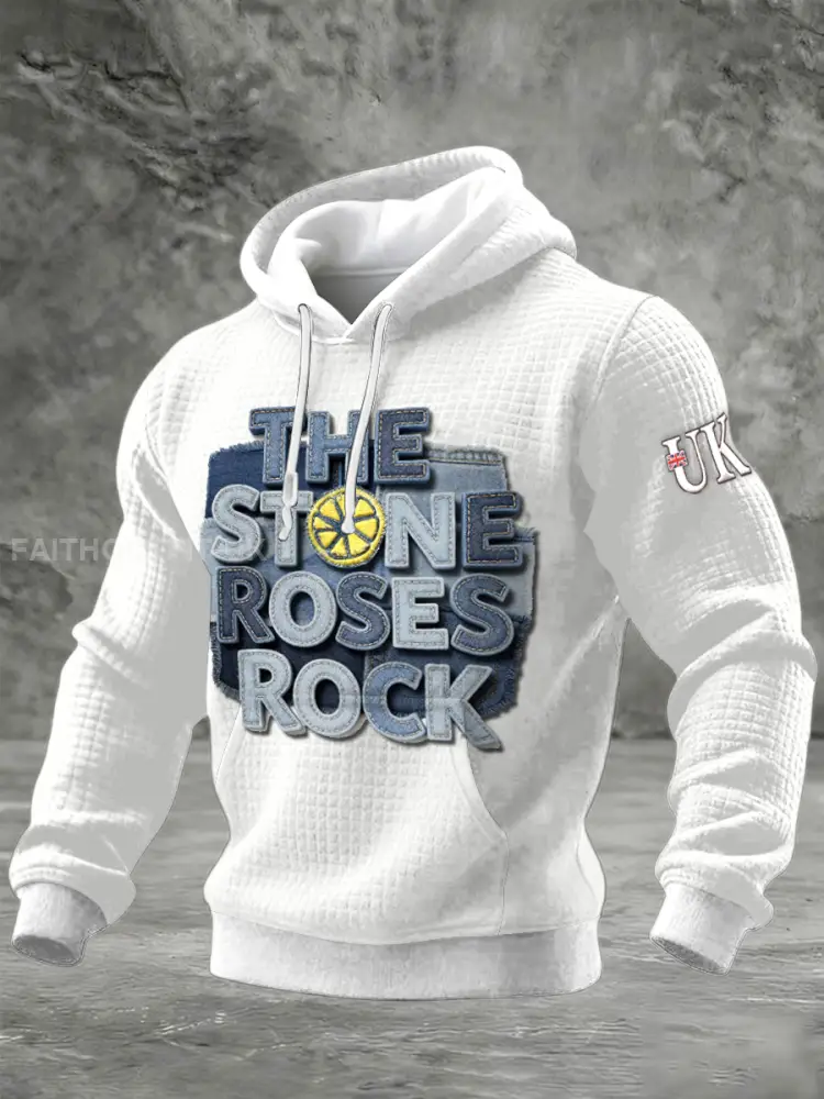 Men’s British The Stone Rose Imitation Denim Print Hooded Sweatshirt
