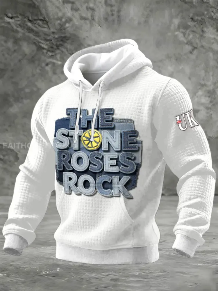 Men’s British The Stone Rose Imitation Denim Print Hooded Sweatshirt