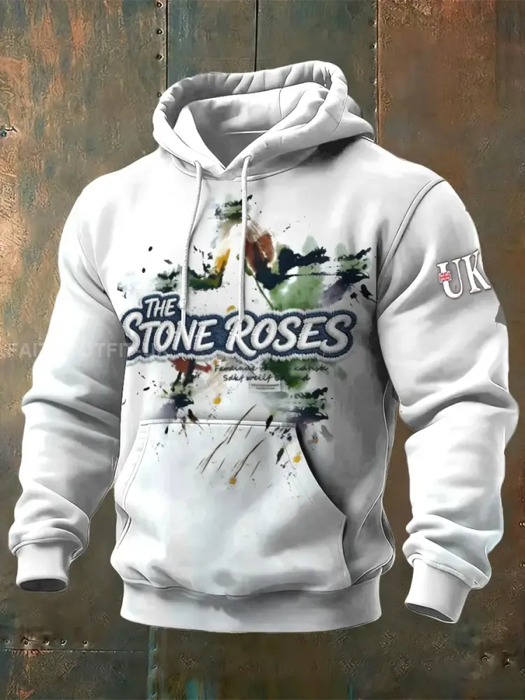 Men’s British The Stone Rose Print Grey-White Hooded Sweatshirt