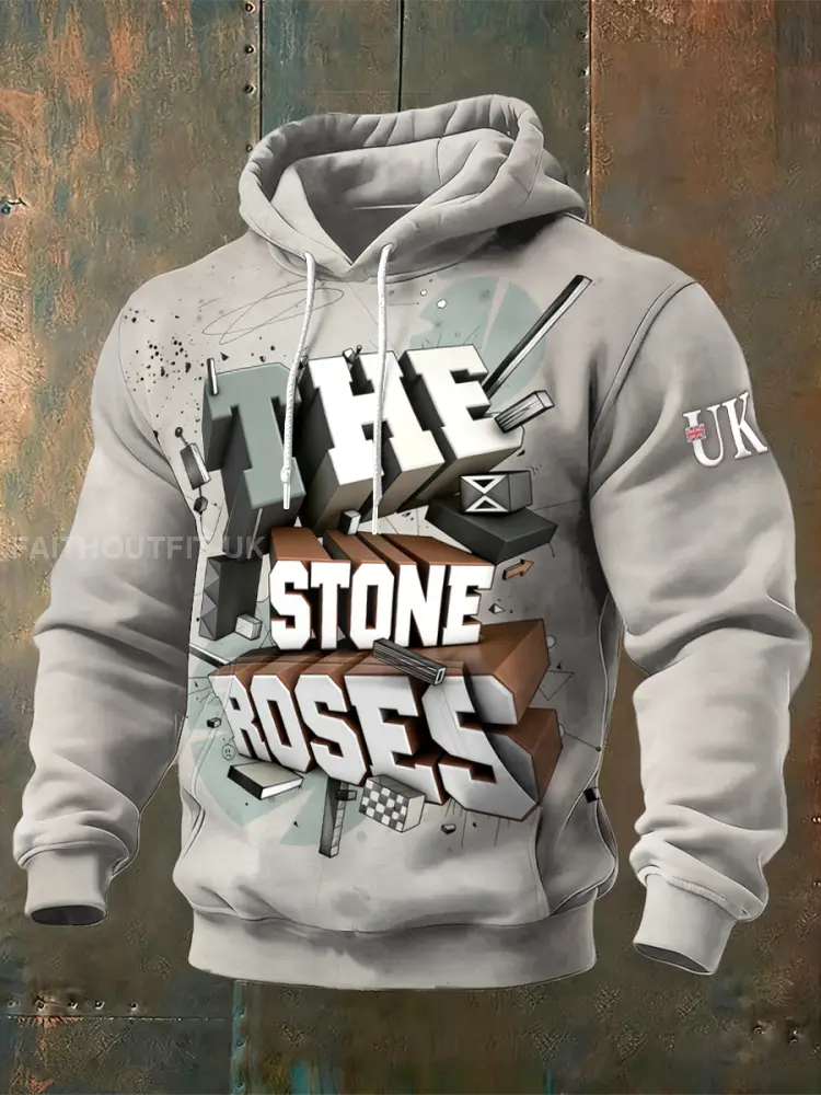 Men’s British The Stone Rose Creative Print Khaki Hooded Sweatshirt