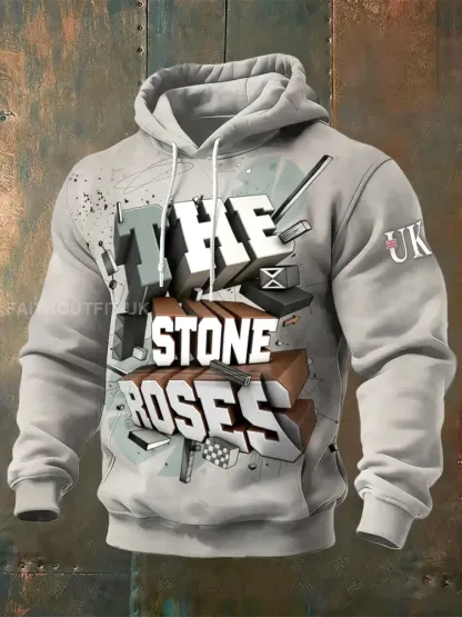 Men’s British The Stone Rose Creative Print Khaki Hooded Sweatshirt