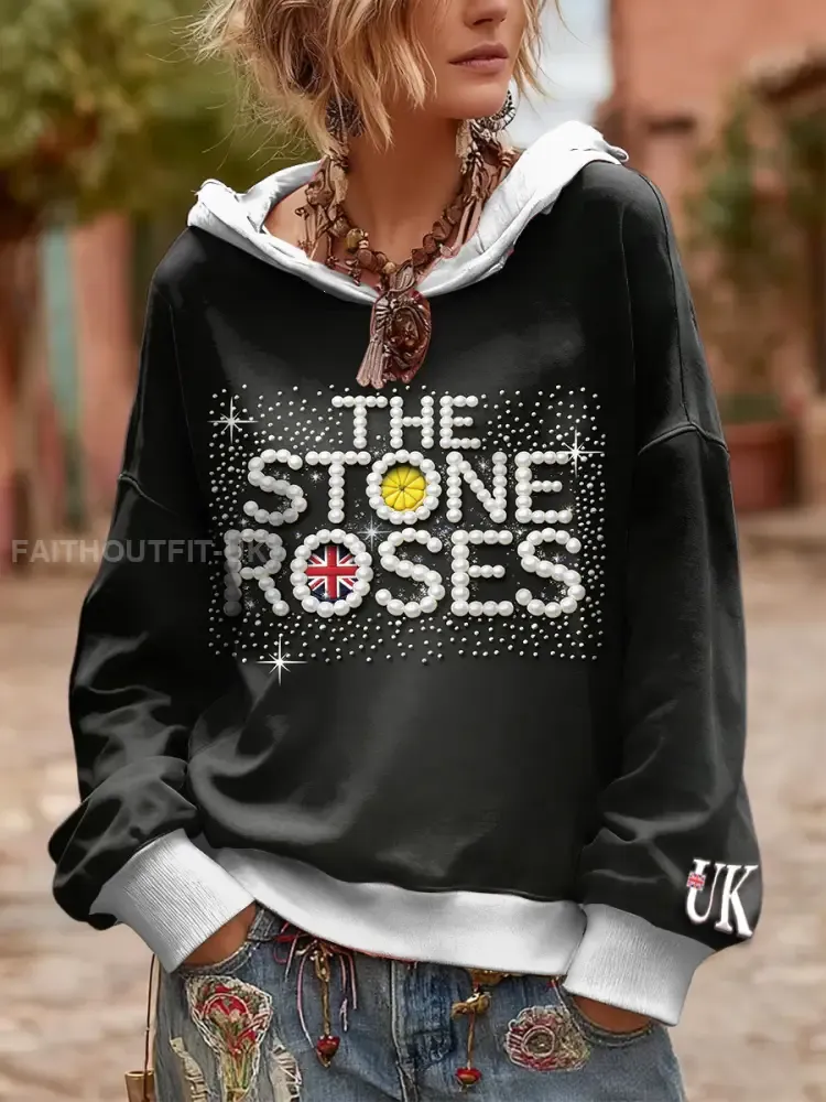 Women’s British The Stone Rose Pearl Print Black Hooded Sweatshirt