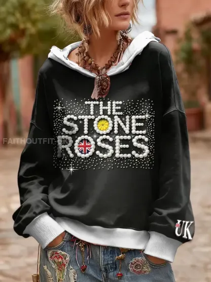 Women’s British The Stone Rose Pearl Print Black Hooded Sweatshirt