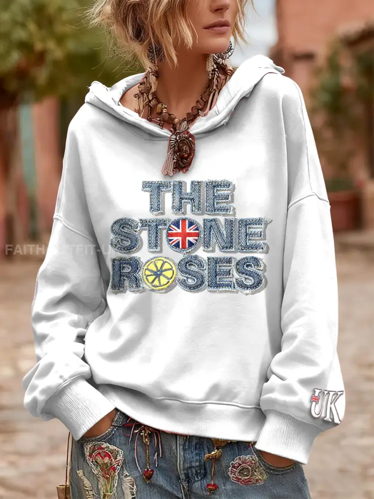 Women’s British The Stone Rose Denim Print White Hooded Sweatshirt