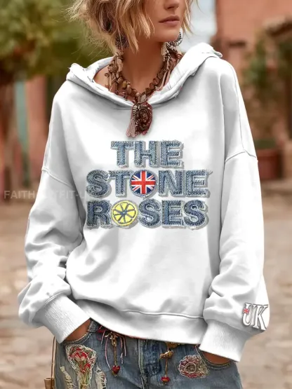 Women’s British The Stone Rose Denim Print White Hooded Sweatshirt