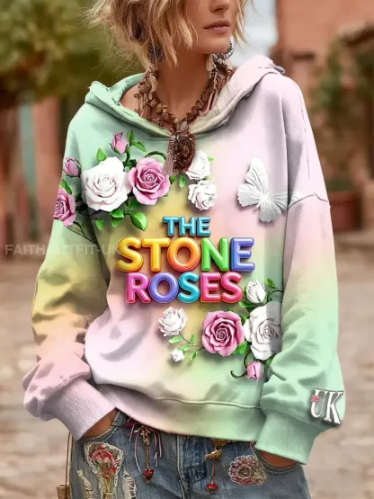 Women’s British The Stone Rose Floral Print Hooded Sweatshirt