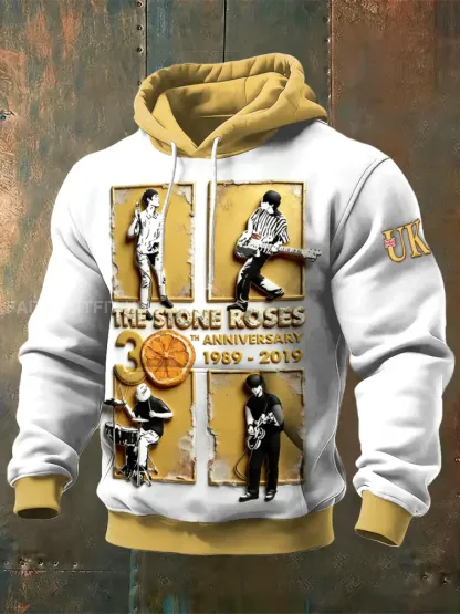 Men’s British The Stone Rose Print Patchwork Hooded Sweatshirt