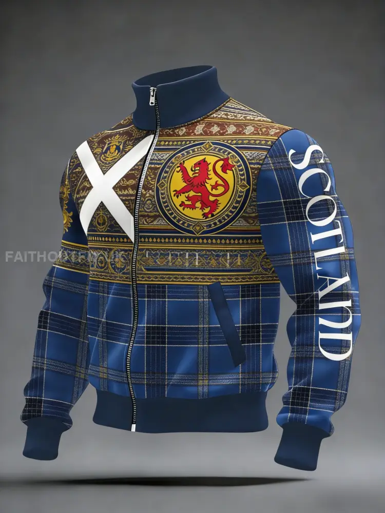 Unisex Scotland Football Lover Tartan Army Printed Casual Stand Collar Jacket