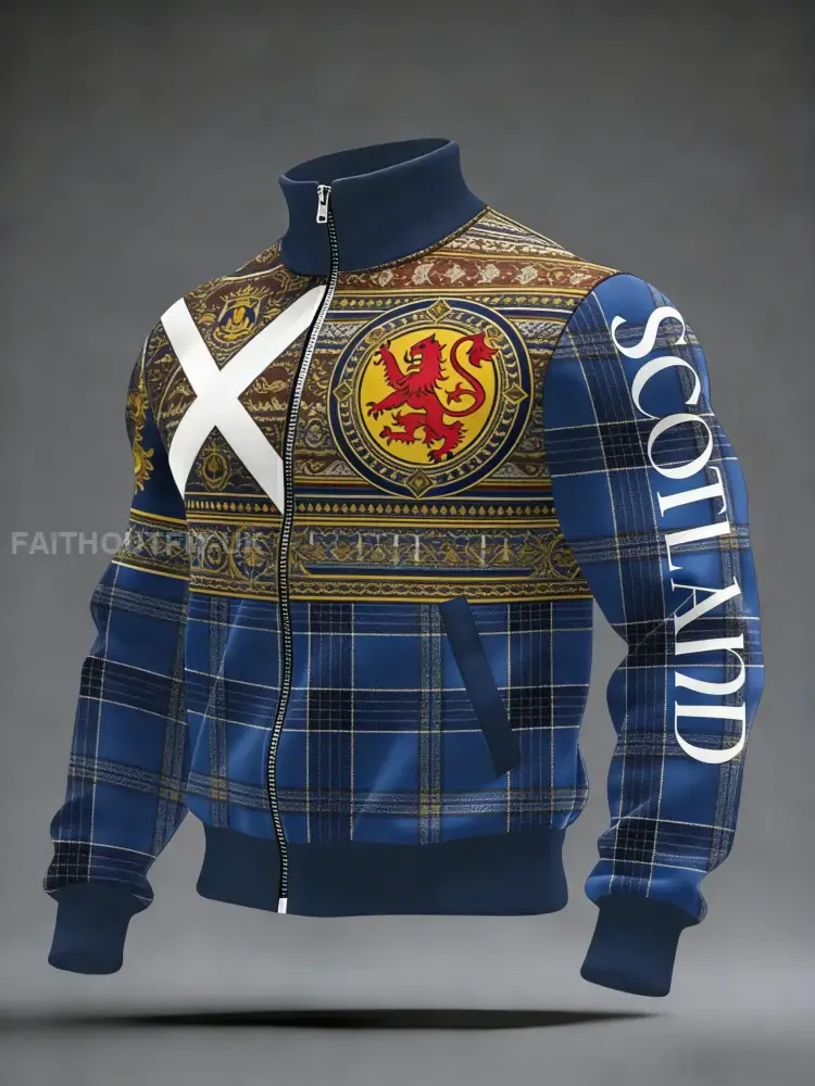 Unisex Scotland Football Lover Tartan Army Printed Casual Stand Collar Jacket