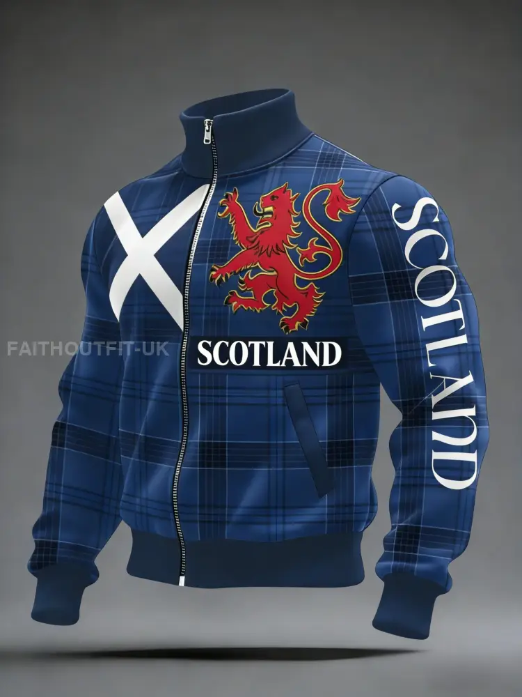 Unisex Scotland Football Lover Tartan Army Printed Casual Stand Collar Jacket