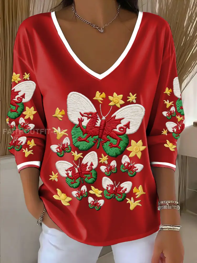 Women’s Wales Welsh Rugby Art Printed V-Neck T-Shirt