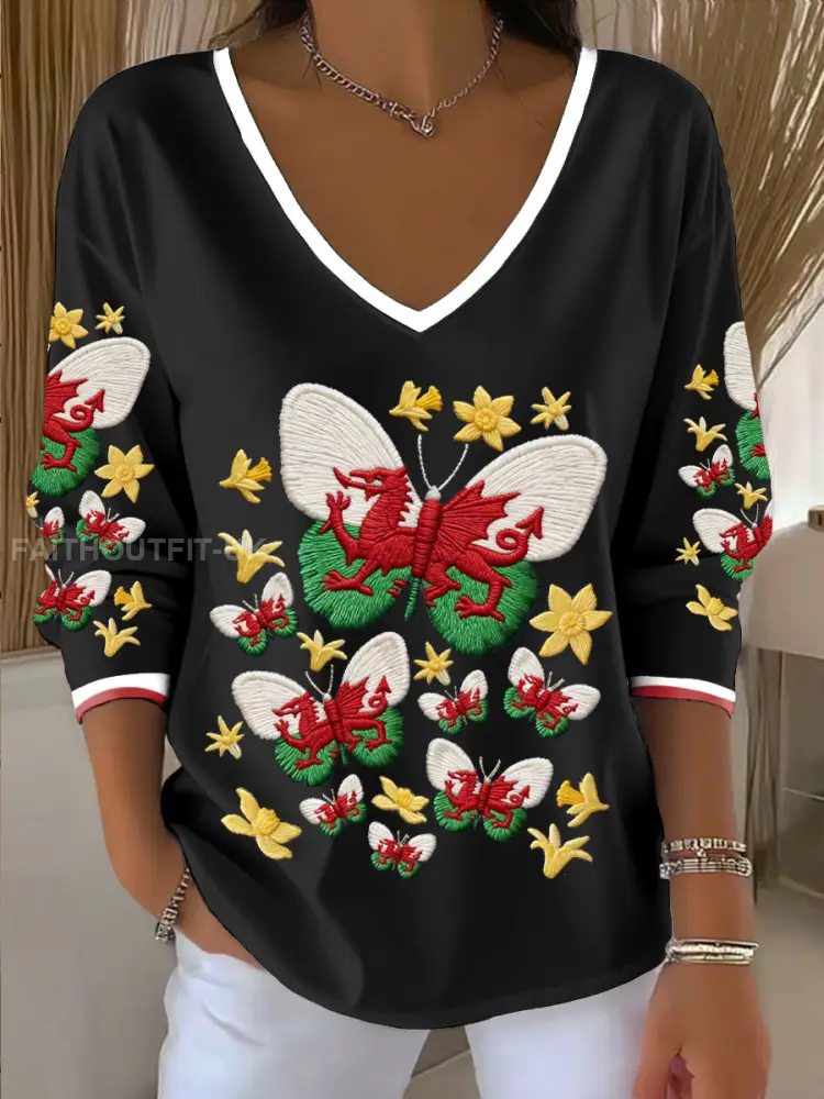 Women’s Wales Welsh Rugby Art Printed V-Neck T-Shirt