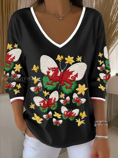 Women’s Wales Welsh Rugby Art Printed V-Neck T-Shirt