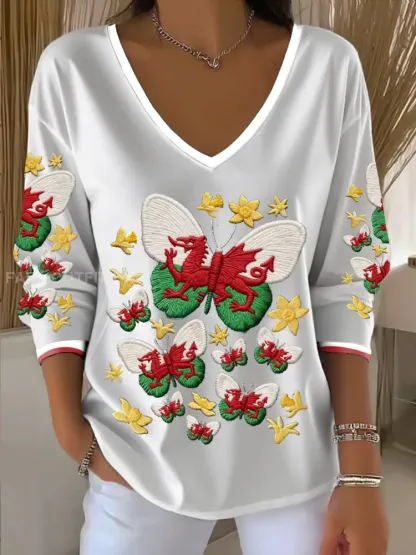 Women’s Wales Welsh Rugby Art Printed V-Neck T-Shirt