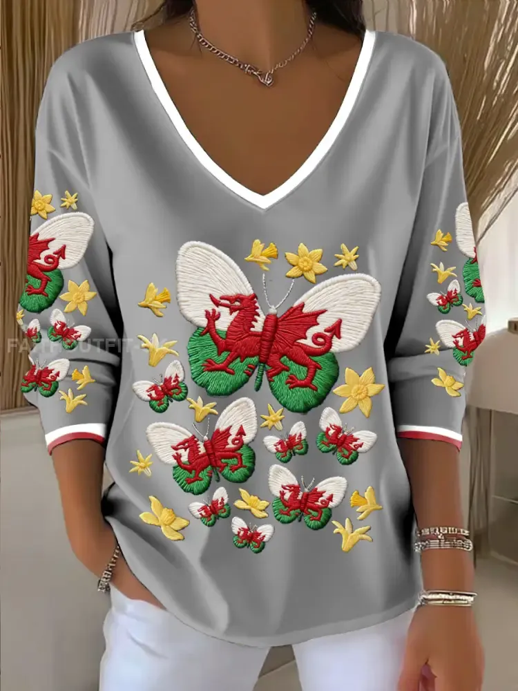 Women’s Wales Welsh Rugby Art Printed V-Neck T-Shirt