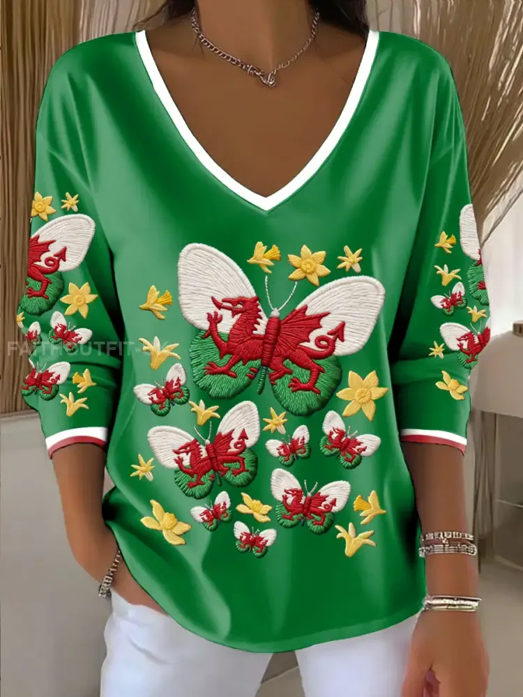 Women’s Wales Welsh Rugby Art Printed V-Neck T-Shirt