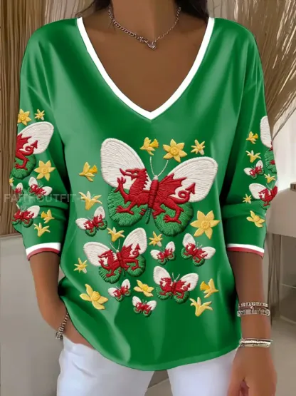 Women’s Wales Welsh Rugby Art Printed V-Neck T-Shirt