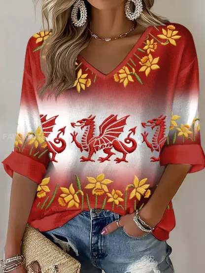 Women’s Wales Welsh Rugby Lover Printed Waffle T-shirt